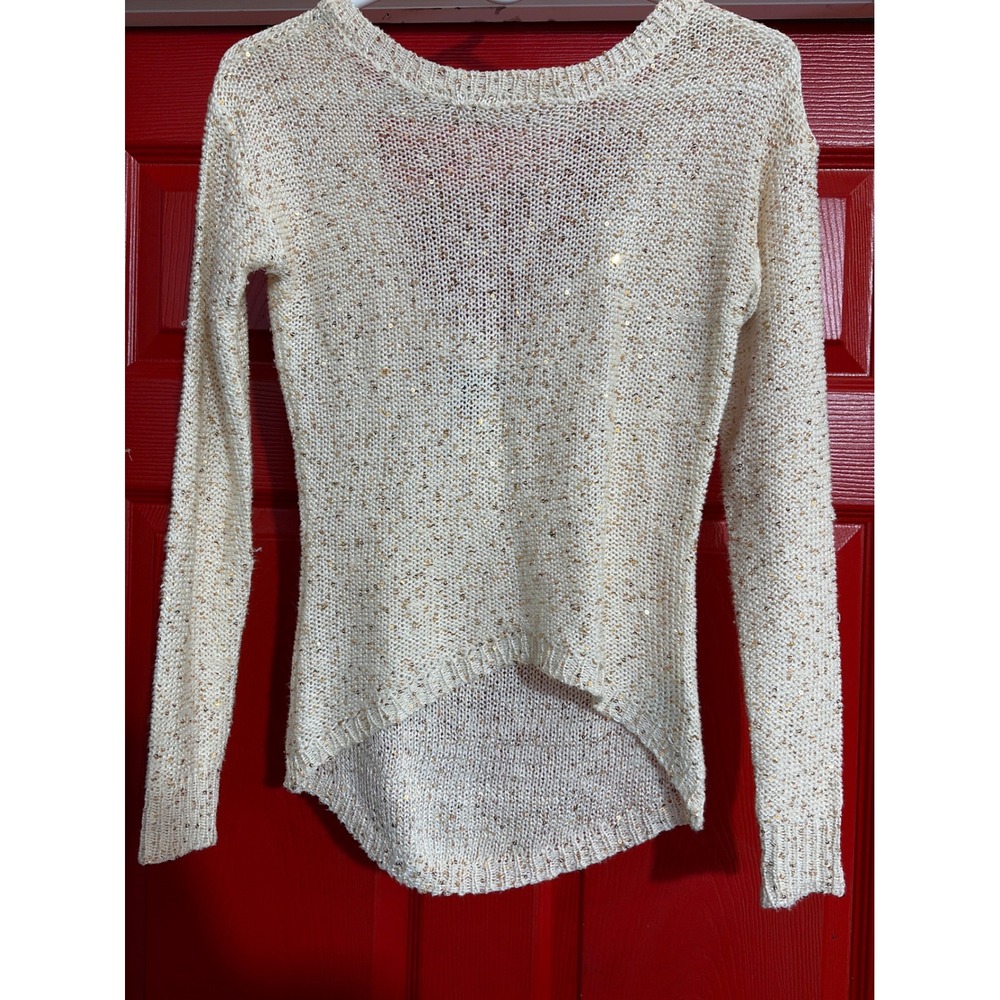 Material Girl Womens XS Ivory Gold Sequin Open Back High Low Knit Sweater‎ Top